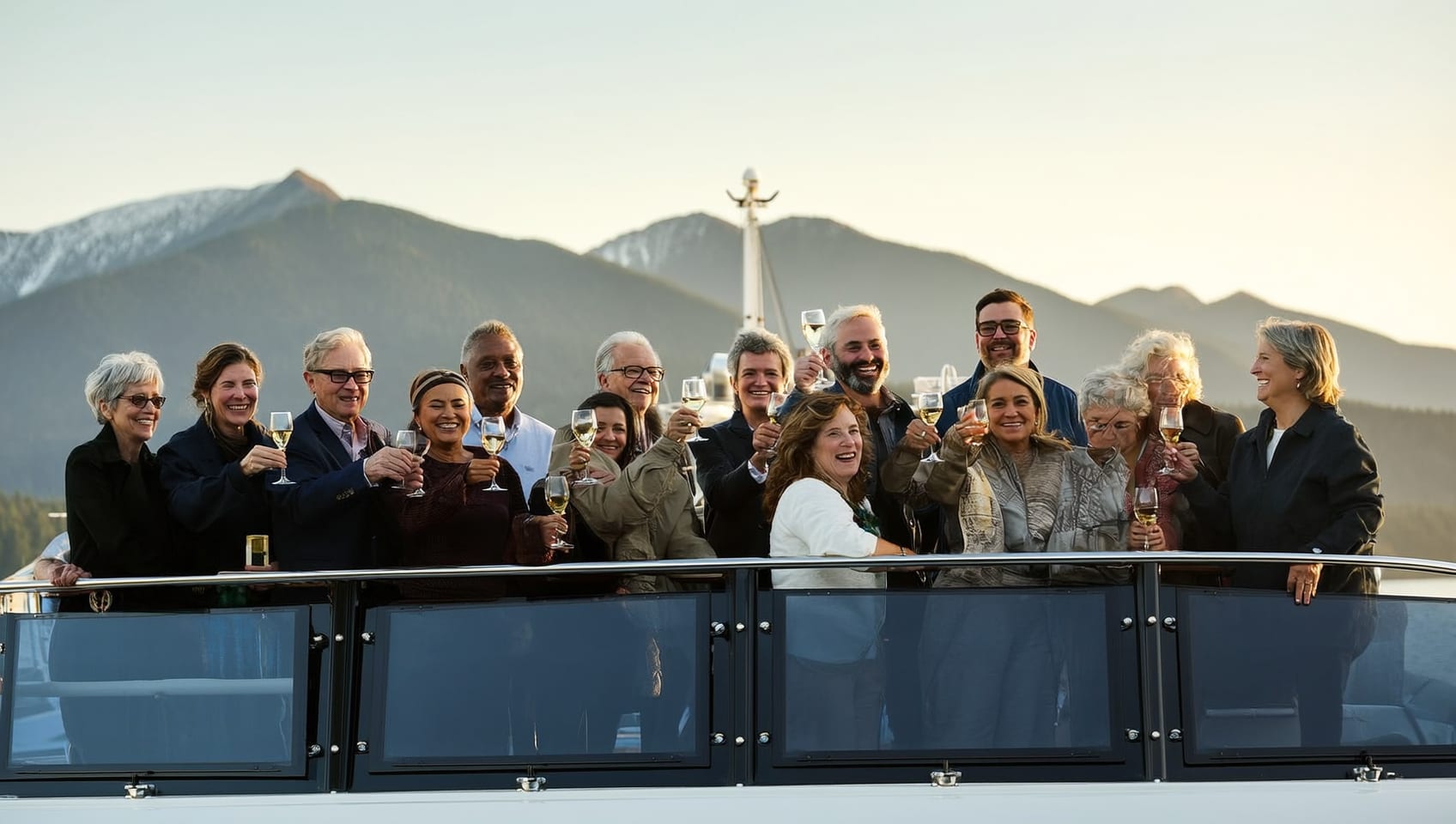 A group of friends raising a toast on a yacht's aft deck with the Vancouver mountains beyond