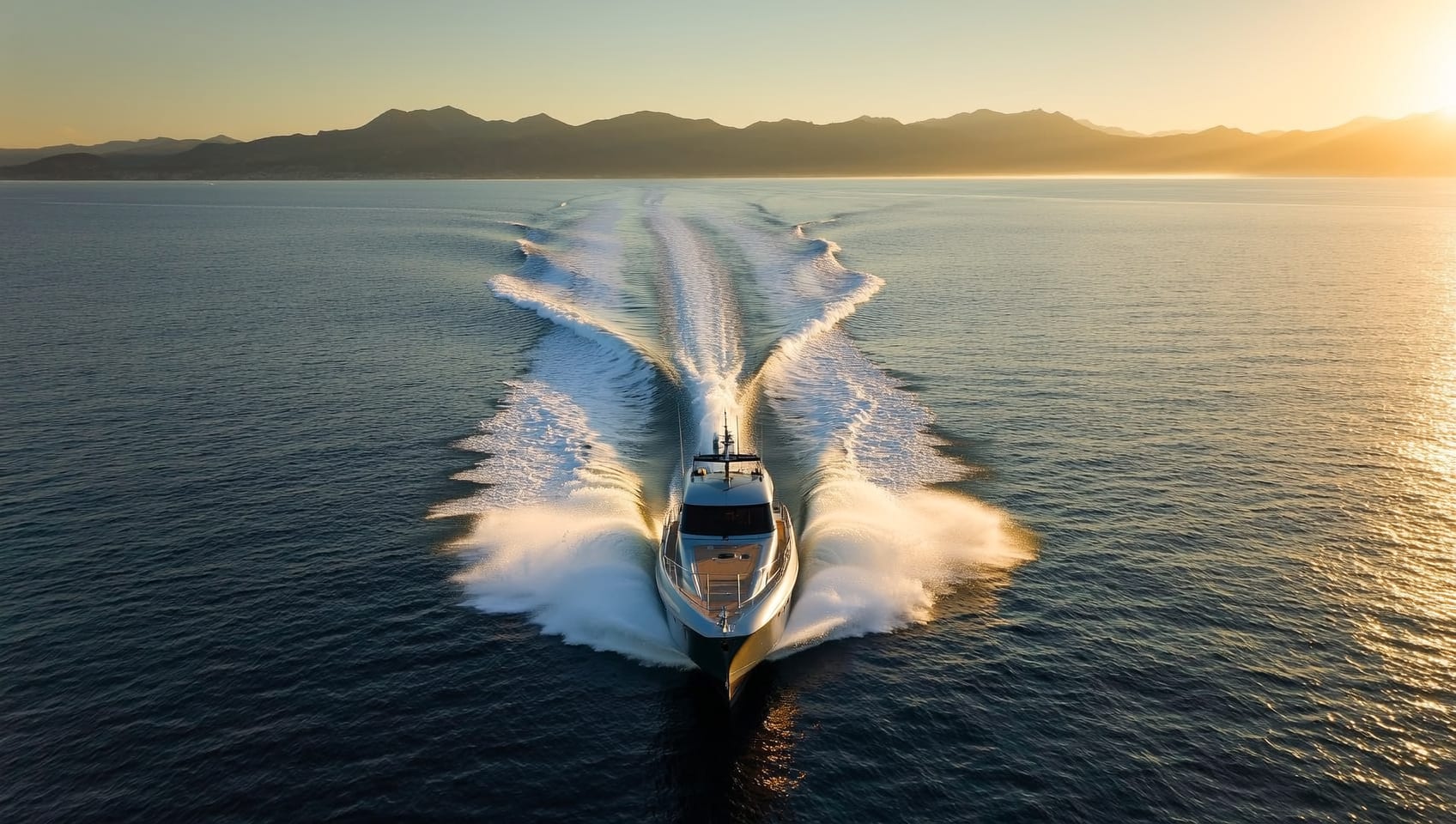 Aerial view of a motor yacht cruising forward with a white wake trailing behind