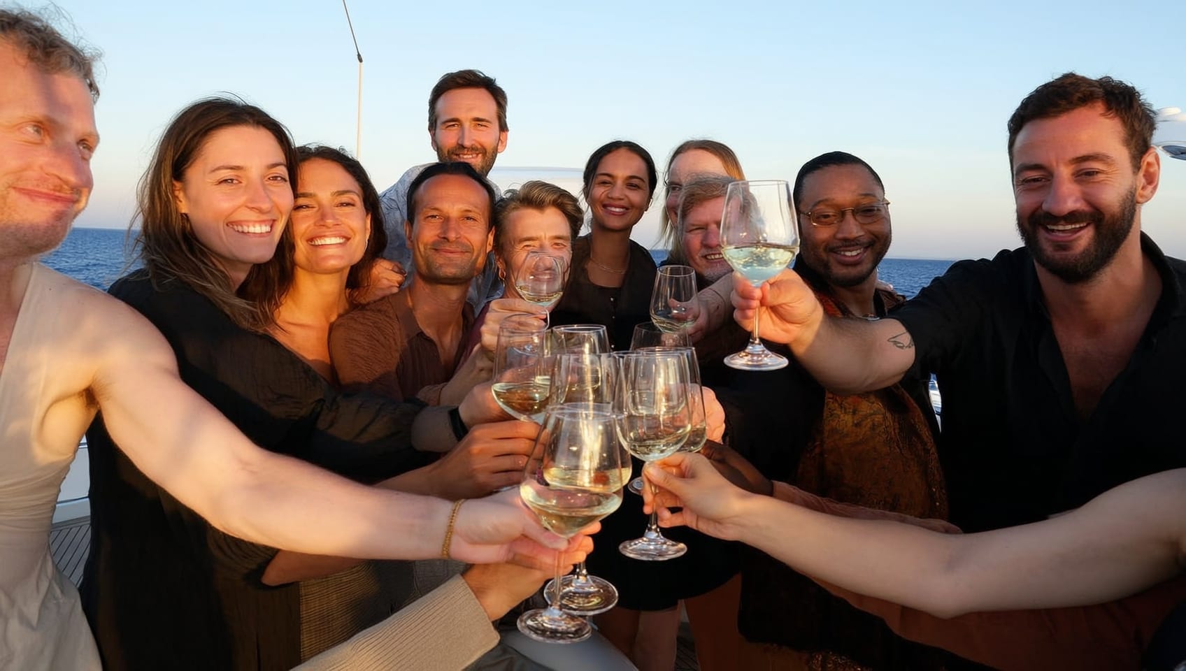 A group of friends raising a toast on the aft deck at sunset